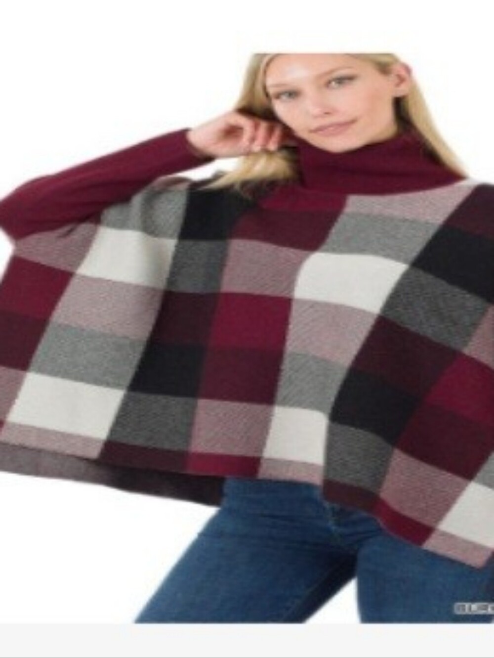 Zenana Outfitters Burgundy Plaid Cowl Neck Sweater Poncho NWOT - Picture 11 of 11
